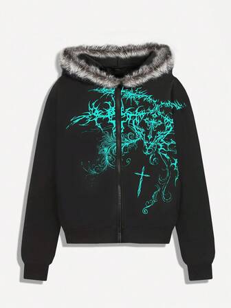 Goth Sweat-shirt-shirt décontracté à capuche avec fourrure synthétique, imprimé croix et patchwork, zippé, pour hommes, automne/hiver