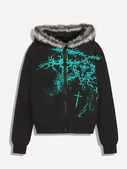 Goth Men's Cross Print Zip-Up Patchwork Faux Fur Hooded Casual Sweatshirt, Autumn/Winter