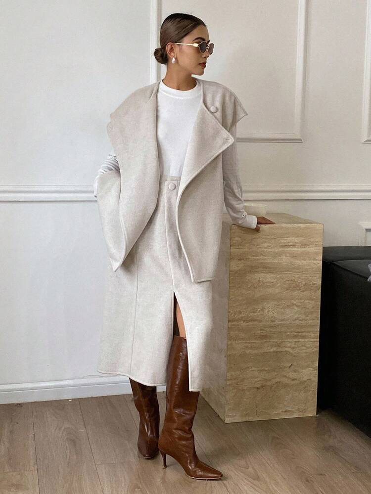 2pcs Women Elegant Solid Color Loose Sleeveless Lapel Coat And A-Line Skirt Set, Autumn/Winter