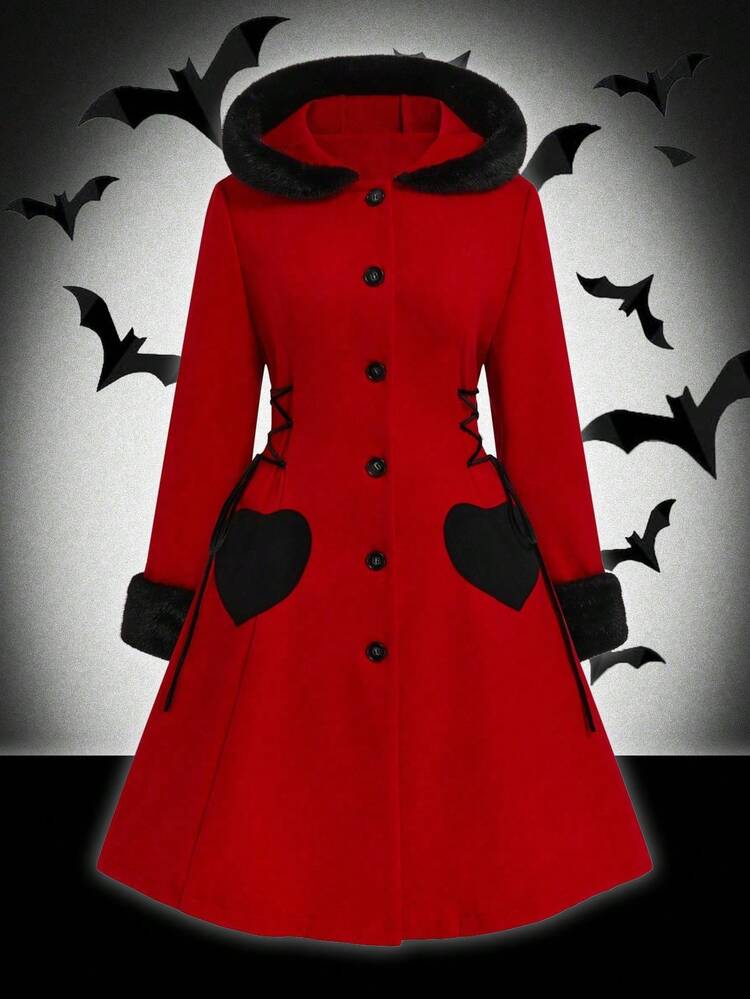 Sweetra Plus Size Women's Autumn/Winter Patchwork Contrast Color Heart Pocket Faux Fur Collar Woolen Coat Halloween