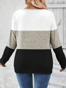 EMERY ROSE Women's V-Neck Contrast Color Block Plus Size T-Shirt, Autumn/Winter - Multicolor - View 2