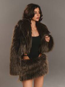 Aloruh Young Lady's Cropped Faux Fur Collar Long Flare Sleeve Jacket - Brown - View 7