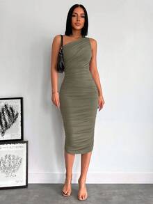 EURMUSE Women's Solid Color Sleeveless Pleated Fitted Midi Dress - Hijau Tentara - View 4