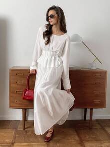 Elyressa 女式蝙蝠袖褶饰系腰衬衫和 A 字裙两件套 - 白色 - 查看 5