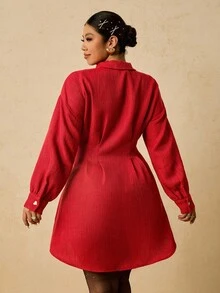 Travachic 大码优雅通勤节日派对新年圣诞聚会红色腰部收紧女式长衬衫连衣裙红色粗花呢裙 - 紅色 - 查看 2