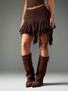 MISSGUIDED Váy mini ren bất đối xứng cạp cao viền bèo nhún nhiều lớp phong cách Gothic thời Victoria dự tiệc tiệc tùng Boho thời trang thu đông - Cà phê nâu - Xem 4