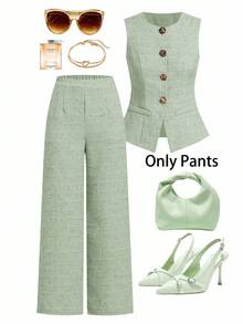 Ellevyn Plus Size Women's Pleated Elegant Straight Leg Pants Sage Green Linen