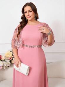 Ellevyn 大码女式圆领蕾丝拼接优雅长裙，夏季 - 粉色 - 查看 3