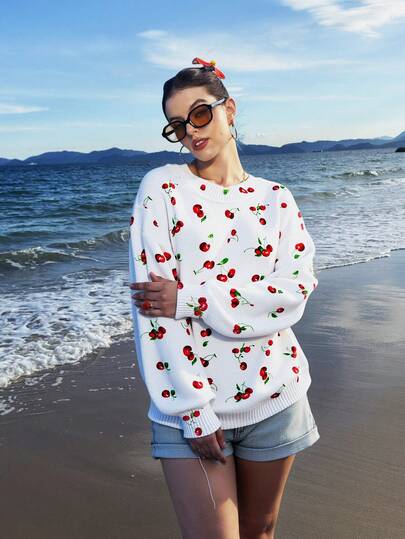 Veykashi Lässiger, minimalistischer, vielseitiger, süßer Kirschprint Pullover in Große Größen, geeignet für Herbst/Winter, Schulanfang, Lehrertag, Halloween, Urlaub