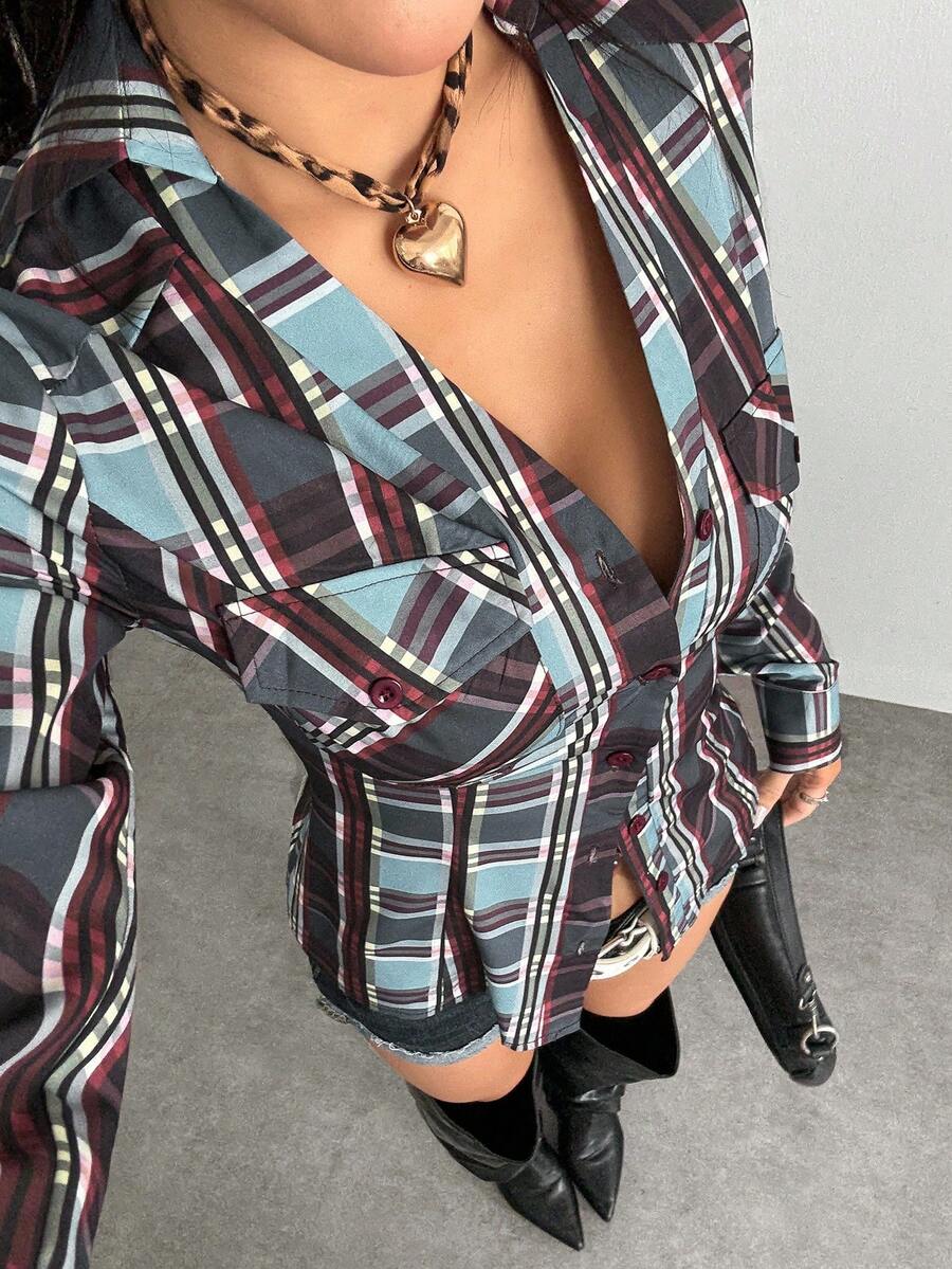 Jeanoix 女式简约长袖前开襟翻领蓝色格子印花衬衫，适合日常穿着 - 藍色 - 查看 1