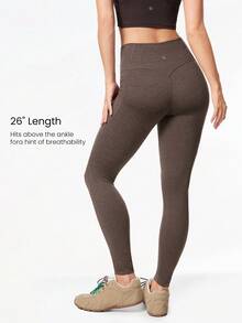 GLOWMODE Leggings de cintura alta sin costura frontal de 26" Softy Velvaire con bolsillos laterales, para yoga de bajo impacto, pilates, uso diario y casual - Marrón - Ver 4