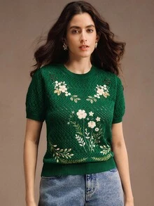 Anewsta 高级刺绣复古风圆领短袖T恤，适合秋季、冬季、外出、优雅、正式、时尚、新年、圣诞节、毕业典礼、婚礼、派对等场合。 - 綠色 - 查看 3