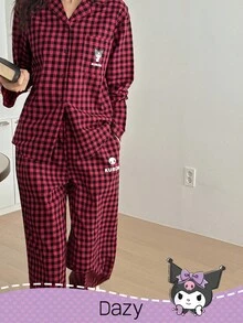 DAZY HELLO KITTY AND FRIENDS | SHEIN 字母卡通图案宽松格子长袖上衣和裤子女士睡衣套装，秋冬服装 - 紅色 - 查看 7