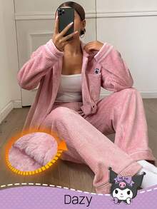 DAZY HELLO KITTY AND FRIENDS | SHEIN 女式条纹纹理羊毛卡通刺绣长袖上衣和裤子休闲套装，冬季休闲套装，舒适服装，秋季服装 - 粉色 - 查看 1