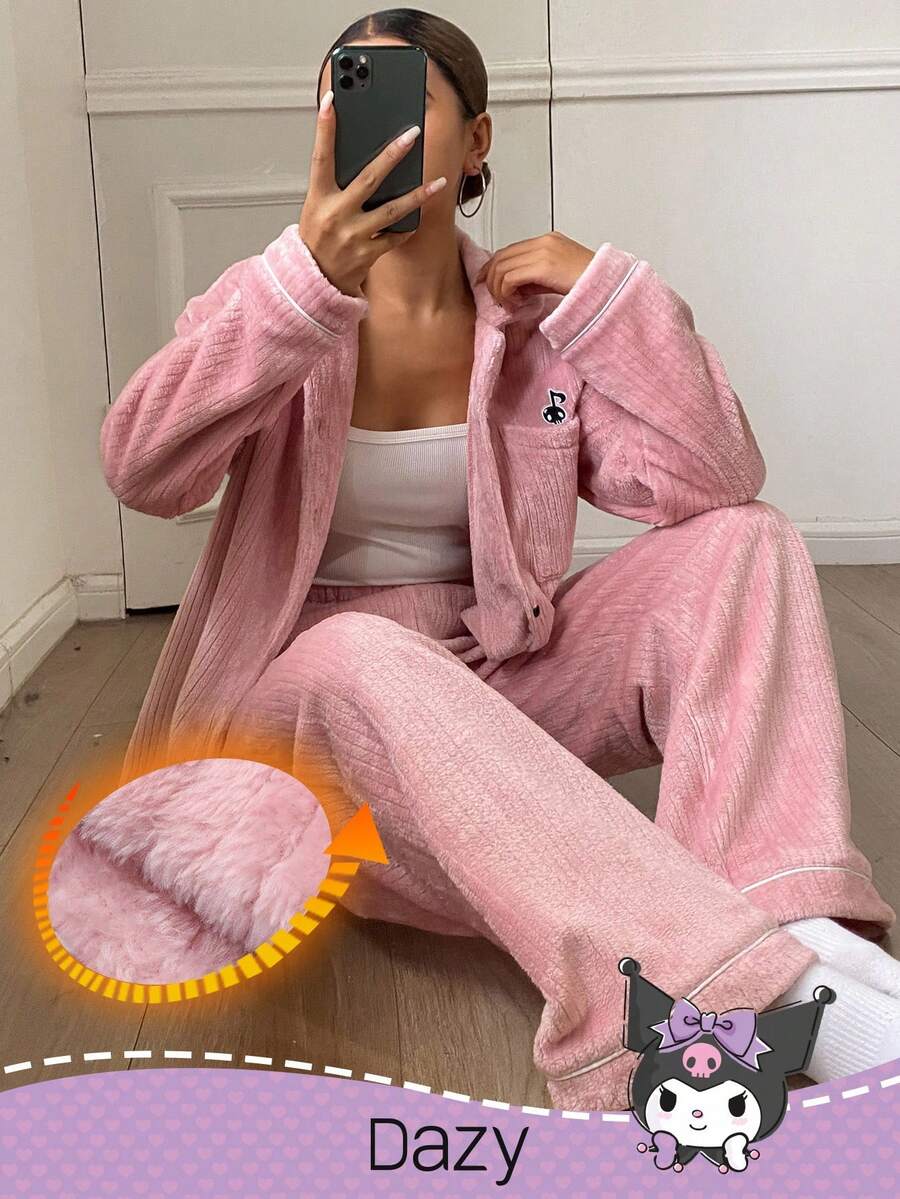 DAZY HELLO KITTY AND FRIENDS | SHEIN 女式条纹纹理羊毛卡通刺绣长袖上衣和裤子休闲套装，冬季休闲套装，舒适服装，秋季服装 - 粉色 - 查看 1