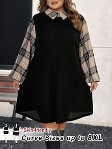 SHEIN CURVE+ Plus-Size Women's Winter Casual Checkered Floral A-Line Dress