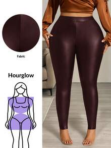 Hourglow 女士秋季裤子，冬季大码女士高腰纯色 PU 皮革紧身裤，适合沙漏型身材 - 棕色 - 查看 8