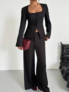 SHEIN EZwear NEW Autumn Clothes Old Money Women's Social Pant Women's Fashionable Black Woven Wide Leg Suit Pants With Pockets