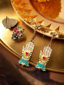 Frida Kahlo X SHEIN 2 对时尚 3D 浮雕骷髅和花朵锌合金吊坠耳环套装，优雅女士珠宝套装 - 彩色 - 查看 8