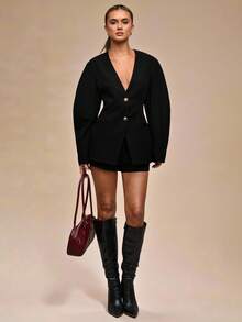 SHEIN BAE 女式纯色长袖单排扣时尚西装外套，秋季 - 黑色 - 查看 6