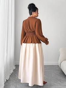 SHEIN Elenzya 大码女式优雅褶饰灯笼袖两件套 - 彩色 - 查看 2