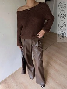 Serisse Fall Women Clothes Off The Shoulder Sweater Women's Casual Solid Color Fluffy Knit Sweater With Blend, Drop Shoulder Ribbed Knit Top For Business Casual, Teacher, Daily, Commute, Outing, 2025 New Autumn Fashion Must - Have, Fall Outfits For Women,Brown Top,Fall,Fall Clothes For Women Winter