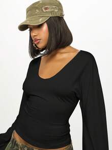 SUMWON WOMEN 紧身喇叭袖 V 领短款上衣秋冬假日休闲派对俱乐部装晚装超柔软弹力修身蝙蝠袖长袖衬衫 - 黑色 - 查看 4