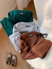 SHEIN 6 件套男婴/女婴百搭纯色卡其绿灰色长袖运动衫和松紧腰裤套装，适合秋冬户外运动 - 彩色 - 查看 5