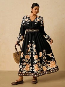 SHEIN VCAY 大码秋季服装全印花褶皱豹纹长袖连衣裙/秋季连衣裙/秋季女装秋季婚礼宾客连衣裙优雅女士连衣裙商务休闲女士工作连衣裙商务连衣裙 - 彩色 - 查看 6