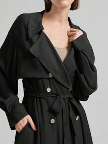 Ontre 女款純色雙排扣風衣，商務休閒，寬鬆舒適，中性風格女款機場穿搭，工作服，外套，秋冬，優雅 - 黑色 - 查看 5