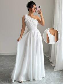 Modelyn 复古法式浪漫风不对称领口无袖连衣裙 - 白色 - 查看 8