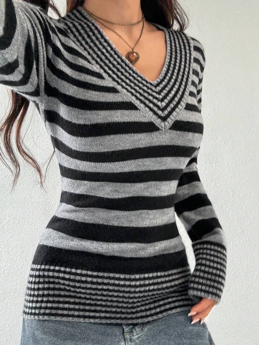 Jeanoix Jeanoir V-Neck Striped Sweater, Casual Ladies Knitted Sweater - Multicolor - View 1