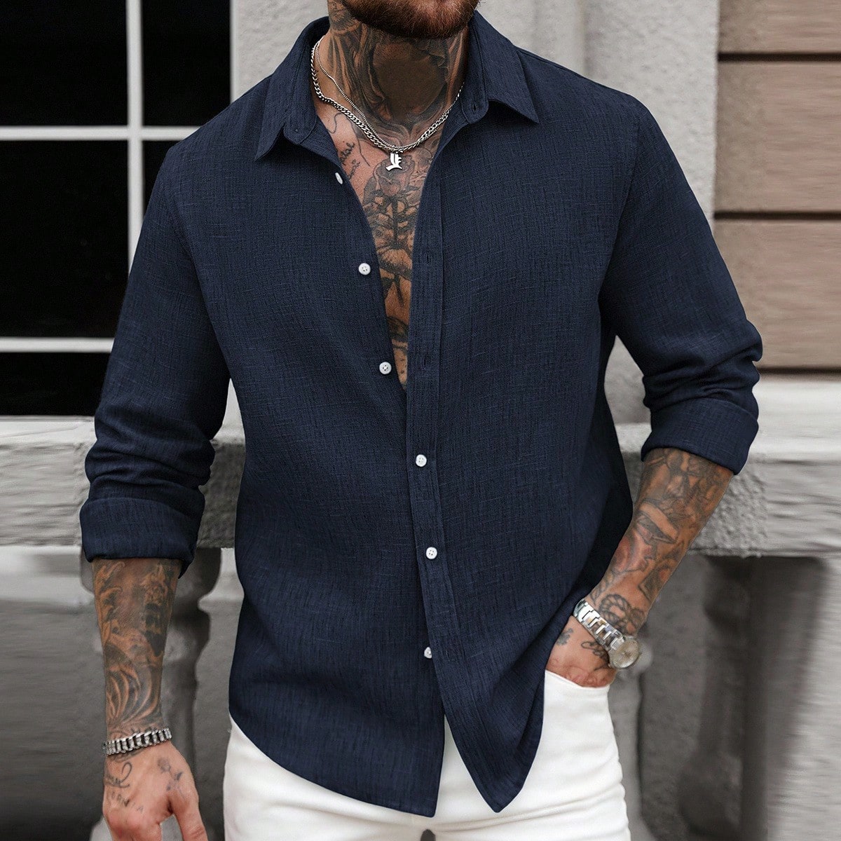 Camisa de manga larga para hombre de primavera/verano Manfinity Camisa casual de unicolor de manga larga para hombre Camisa casual de botones para hom
