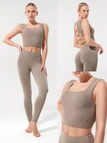 GLOWMODE Áo tank top dệt kim dáng ngắn, siêu mềm mại, không đường may, kiểu đan chéo, thấm hút mồ hôi, hở lưng, có mút ngực tháo rời, cổ vuông, thích hợp cho chạy bộ, tập luyện thể dục cường độ trung bình. - Màu Khaki - Xem 7