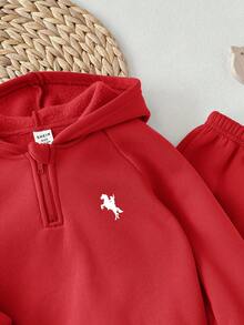 男婴休闲可爱百搭蓝色针织连帽衫和松紧腰裤套装 - 紅色 - 查看 3