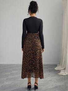Momance Maternity Solid Stand Collar Long Sleeve T-Shirt And Leopard Print Midi Skirt Elegant 2-Piece Set, Autumn - Multicolor - View 2