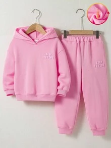 2 件套年轻女孩休闲百搭舒适字母和图形印花连帽运动衫和抽绳口袋慢跑裤套装，适合通勤、上学、日常、度假、运动、秋冬 - 粉色 - 查看 4