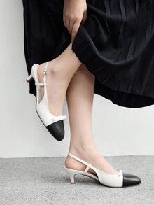 CUCCOO BIZCHIC Sapatos de salto alto femininos, pretos e brancos, elegantes, novos, com laço, patchwork, costas nuas, leves, para uso diário - Branco - Ver 3