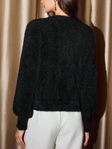 Vintamour Vintage Classic Elegant Party Women Sweater, Autumn/Winter Loose Faux Fur Rhinestone Pearl Knit Long Sleeve Black Sweater Winter Clothes For Women New Year Women's Clothes Sparkly Sweater Black Top - Black - View 2
