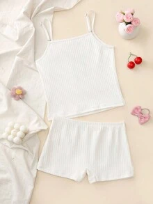 Set de 2 piezas de ropa interior cómoda y casual con lazo de niñas y adolescentes, de tela acanalada - Blanco - Ver 2