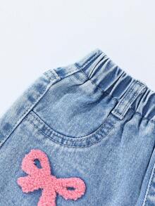 Baby Girls' Denim Wide Leg Pants, Sweet & Cute Casual Vacation Style, Recommended For School Outfit, Pink & Purple Butterfly Embroidered Felt Applique, Light Blue Washed Denim, Elastic Waistband For Comfort And Easy Wear, Loose Fit, Suitable For Home, Outings, Dates, Weekends, All-Year Versatile Denim Wide Leg Trousers Fall Winter - Light Wash - View 4
