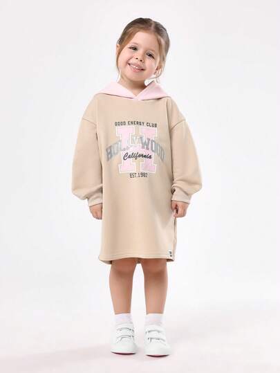 SUMWON Vestido sudadera con capucha del Club de Buena Energía para niñas, sudadera de invierno con letra de varsity linda, manga larga, túnica oversize, uso casual con capucha rosa, cómoda sudadera