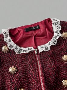 SHEIN MOD Women's Burgundy Double-Breasted Lace Vintage Cropped Jacket In Fall/Winter