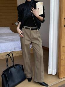 DAZY 女士纯色修身直筒裤，优雅百搭，休闲工作皆宜，厚实羊毛混纺面料，秋冬商务装 - 棕色 - 查看 5