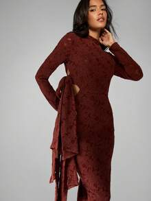 MISSGUIDED Vestido midi de punto texturizado con corte lateral y lazo, de manga larga, para fiestas de otoño e invierno, ceñido al Body, con cuello alto y que favorece la figura - Marrón - Ver 3