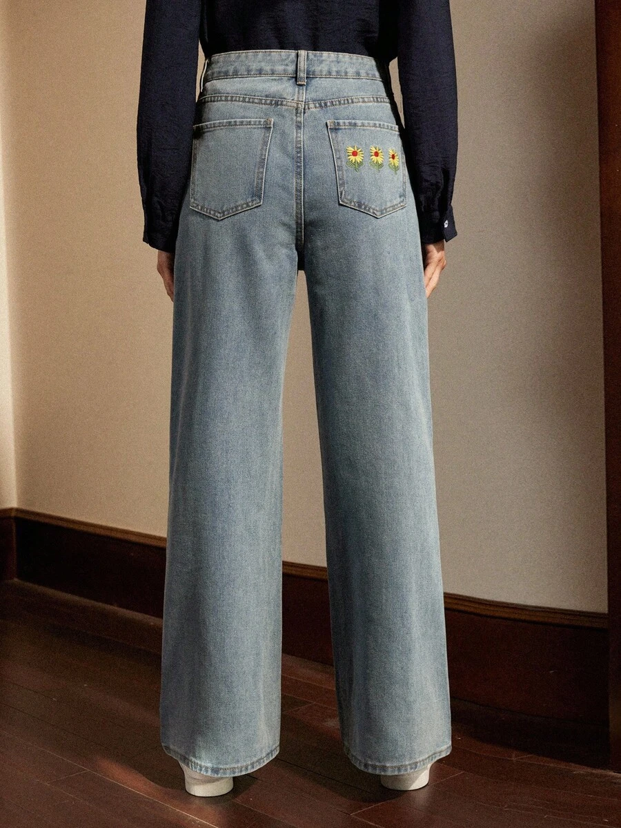 Écloséra Quần jean nữ Nút Nghề thêu Túi Dây kéo Hoa - Rửa nhẹ - Xem 1