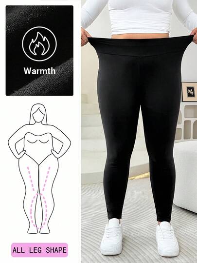 Solflare Plus Size Women's Solid Wide Waistband Leggings,Knitted High Elastic Thermal Lined Warm Tight Fit Leggings,Skin-Layer Clothing, Lightweight,Fall,Winter,Back To School,Business Casual,Office Outfits,Work,Teacher Plus Size Leggings Women Plus Size Tights