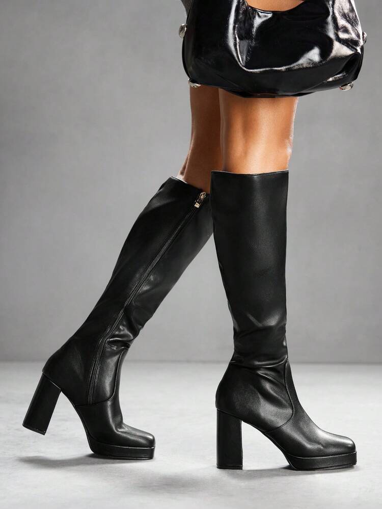 CUCCOO SZL European & American High Heel Square Toe Platform Boots, Black