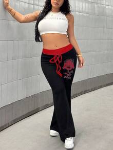 Maweii Quần ống loe ôm in họa tiết phía trước, màu tương phản, thời trang dạo phố, thu đông, cỡ lớn dành cho nữ, màu đen - màu đen - Xem 5