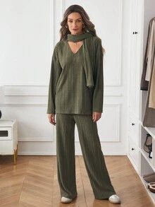 Louniche Women's Casual Minimalist Textured Fabric Straight Loose Top And Straight Leg Pants Two Pieces Set, Autumn/Winter - Army Green - View 3